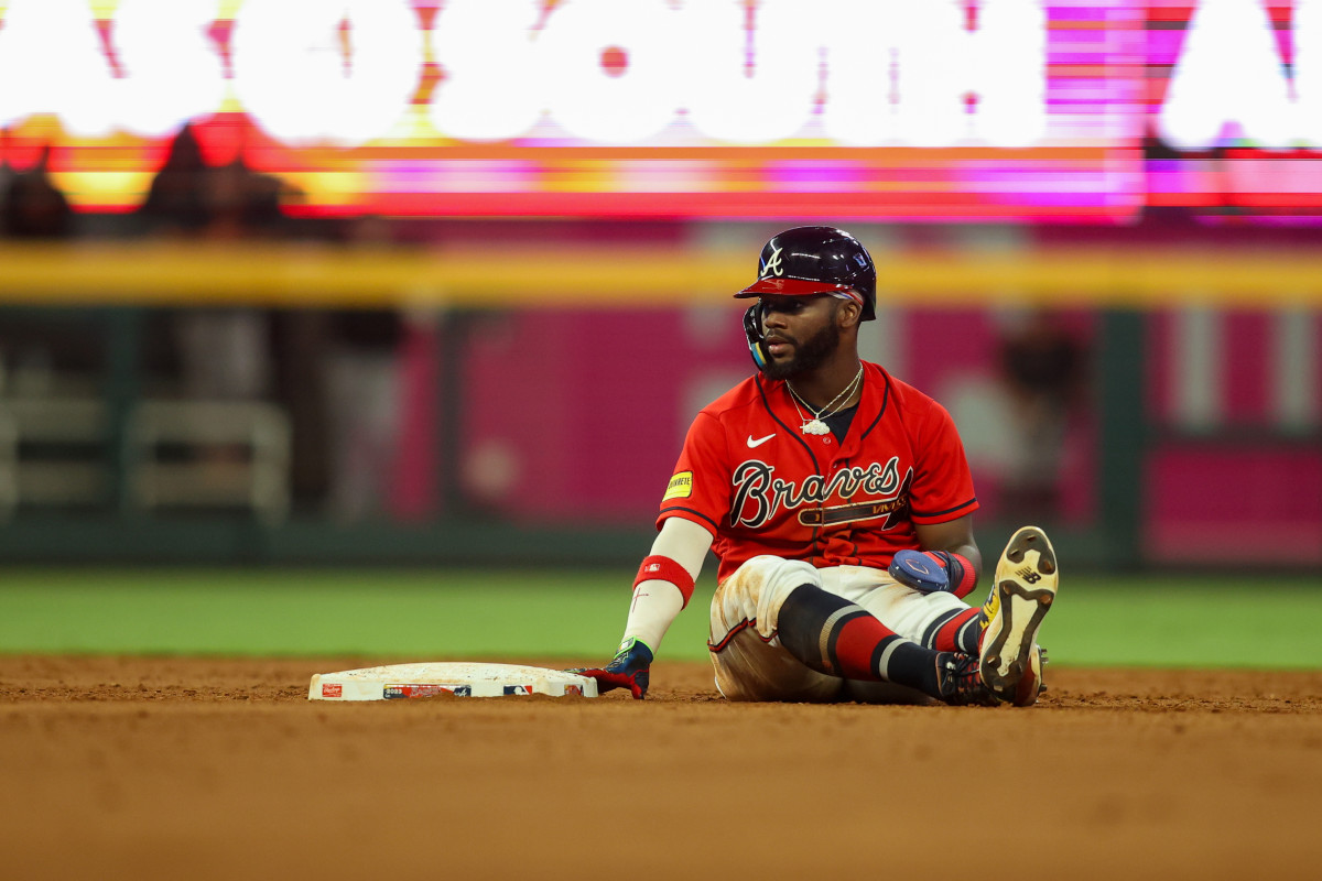 Aug 18, 2023; Atlanta, Georgia, USA; Atlanta Braves center fielder Michael Harris II (23) reacts after stealing second base against the San Francisco Giants in the sixth inning at Truist Park.